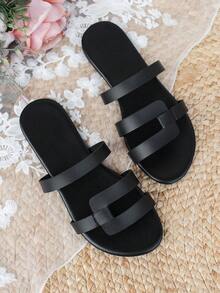 女士夏季新款简约平底凉鞋，时尚休闲百搭，适合日常通勤穿着 - 黑色 - 查看 5