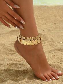 2pcs/Set Summer Beach Coin Pendant Anklet, Elegant Multi-Layer Anklet Set, Suitable For Vacation And Pool Party, Bohemian Style Foot Jewelry - Gold - View 6