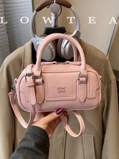  1pc Low Tea Solid Color PU Leather Handbag, Women's Retro Fashion Bowling Bag, Top Double Handle Design, Zipper Closure, Detachable Adjustable Shoulder Strap, Suitable For Travel, Shopping, Dating, Women's Gift (Sold With Pendant, See Size Chart)