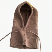 1pc Women's Fashion Knitted Hooded Neck Warmer, Drawstring Balaclava Hat, Versatile For Commuting - Beige - View 3