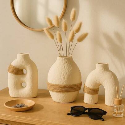 黄麻包裹陶瓷花瓶套装 – 现代农舍风格，适用于客厅、卧室和露台 | 质感装饰，适合插花和绿植 | 经久耐用的手工艺术品，可摆放在桌面、架子和户外装饰