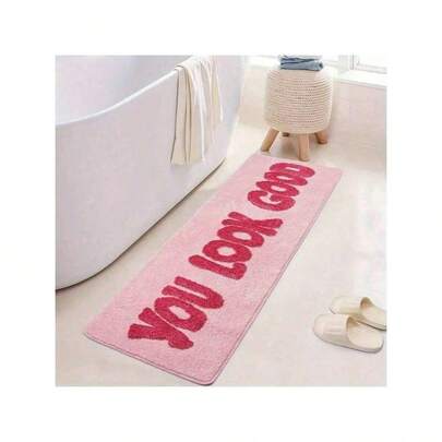 1pc Minimalist Solid Pink Faux Wool Letter Print Doormat, Soft Non-Slip Absorbent Washable Kitchen, Anti-Fatigue-Resistant Rectangular Flannel Material, Suitable Living Room, Bedroom, Kitchen, Laundry Room