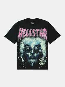 Hellstars Afro Sunglasses Portrait Y2K Graphic T-Shirt,220g 100% Cotton,Round Neck Short Sleeve,Black Streetwear Essential For Summer Going Out,Unisex Style - Black - View 1