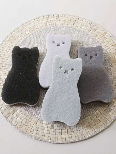 4pcs Cat Shaped Sponge Scrubbers, Cartoon 3-Layer Dish Washing Sponge, Cleaning Sponge Pads, Kitchen Cleaning Sponge Blocks