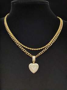 2pcs/Set - 1pc Cubic Zirconia Heart Pendant & 2pcs Stainless Steel Necklaces, Women's Hip Hop Pendant Necklace, Fashionable Retro Pendant Necklace, Suitable For Daily Wear Or Parties, Valentine's Day Gift 1YNA - 黃金 - 查看 11