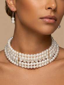 1pc Minimalist Multi-Layer Necklace, 1 Pair Pearl Earrings, 1 Set Jewelry Set. Elegant Faux Pearl Choker Necklace + Earrings Jewelry Set, Suitable For Women's Daily, Party, Or As A Perfect Gift - White - View 1