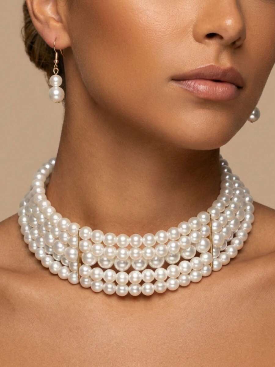 1pc Minimalist Multi-Layer Necklace, 1 Pair Pearl Earrings, 1 Set Jewelry Set. Elegant Faux Pearl Choker Necklace + Earrings Jewelry Set, Suitable For Women's Daily, Party, Or As A Perfect Gift - White - View 1