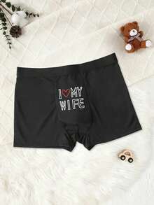 Men's Black Letter & Heart Print Briefs, Elastic Comfortable Everyday Underwear - Black - View 1