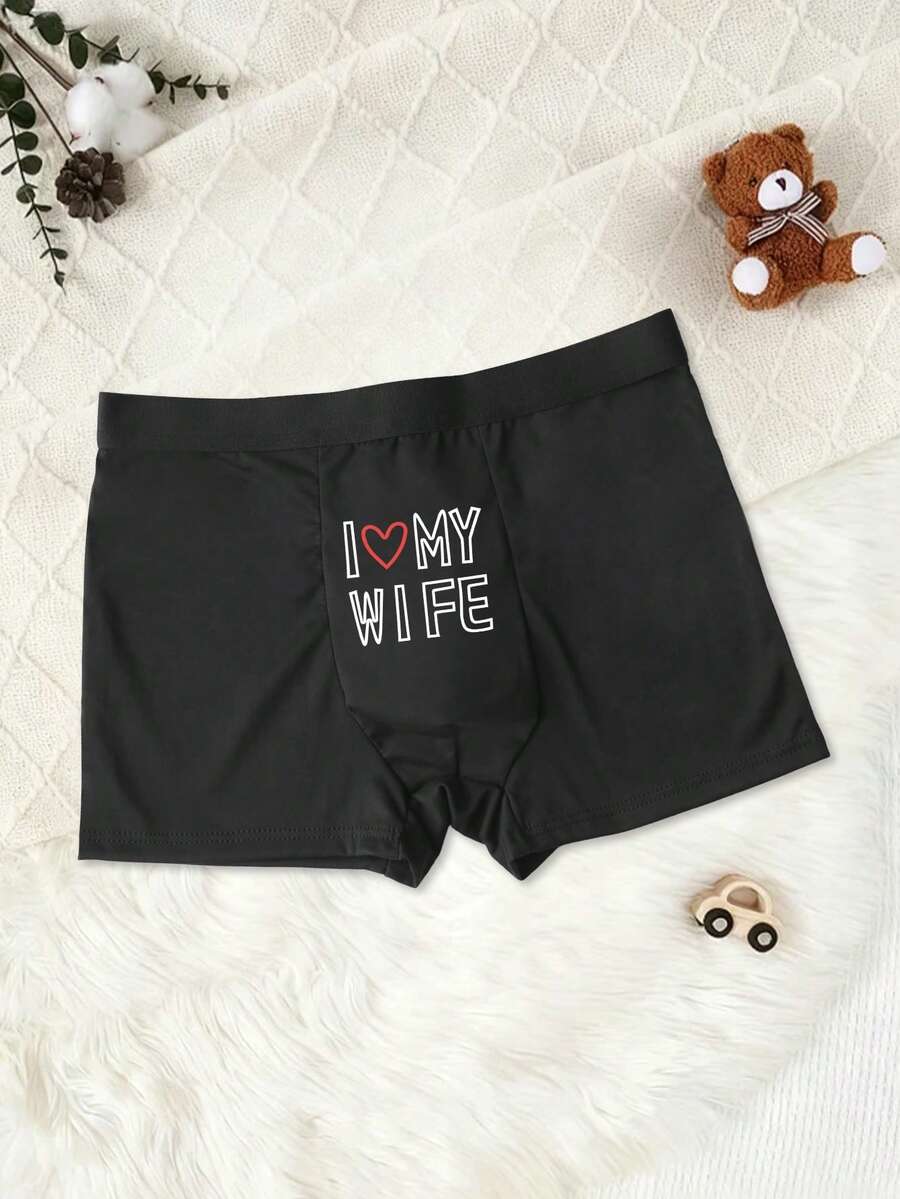 Men's Black Letter & Heart Print Briefs, Elastic Comfortable Everyday Underwear - Black - View 1