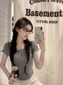 Áo sơ mi cotton tay ngắn cổ tròn khoét lỗ nơ mùa hè cho nữ, trẻ trung - Xám - Xem 5