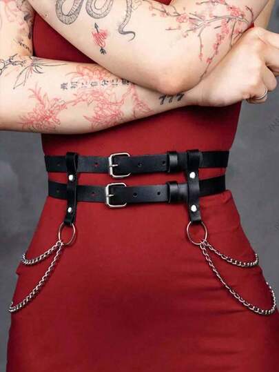 1PC Handmade Leather Chain Waist Belt,Gothic Punk Abjustable Harness For Women,Suitable For Daily And Festival Rave Wear