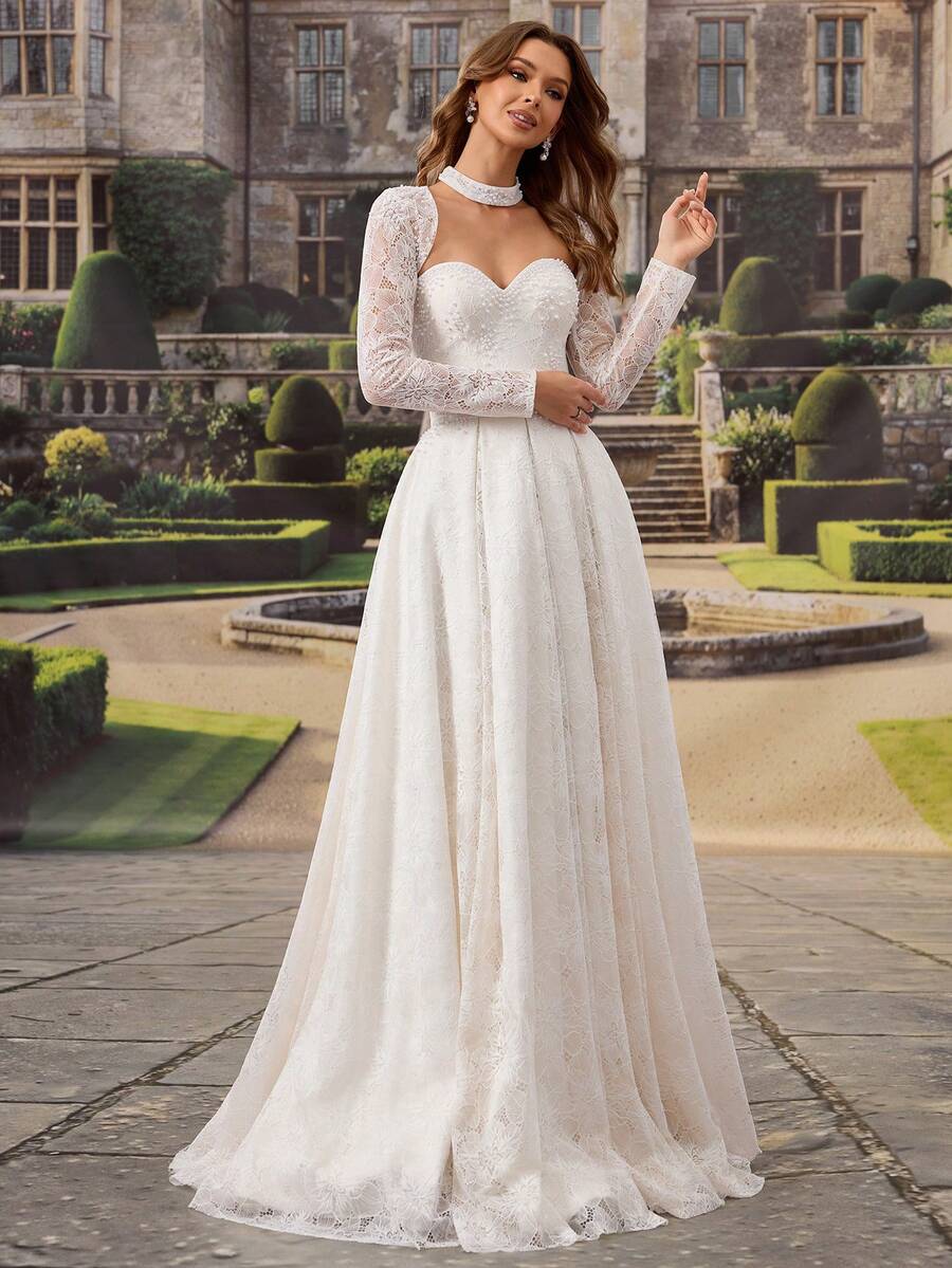 Vestido de novia de línea A de encaje blanco vintage con remaches de HEARBOBO, primavera