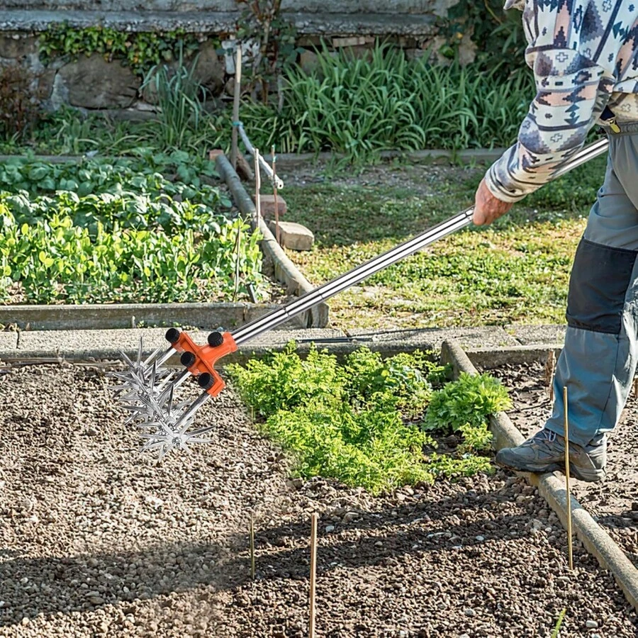 Rotary Cultivator Garden Rotary Tiller Adjustable Stainless Steel Poles Hand Tiller For Soil Mixing Or Reseeding Grass Lawn Tiller Total Length 57 Inch - Orange - View 1