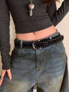 1pc Women's Black PU Leather Faux Suede Punk Style Double Rivet Decor Belt, Versatile Waist Band - Black - View 6