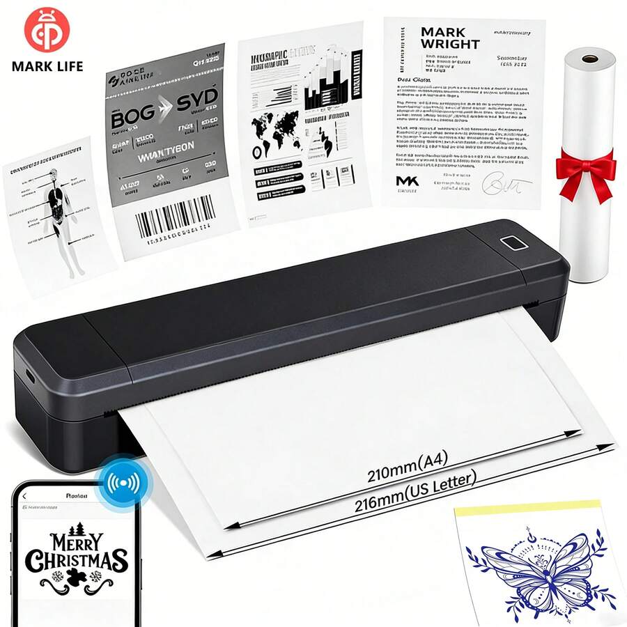 Marklife X8 Mini A4 Thermal Printer, Bluetooth Ink-Free Tattoo Paper Photo Printer, Suitable For PDF, Photos, Office, School, Home Use