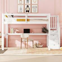 Children's Loft Bed, 140 X 200 Cm, With Storage Drawers And Desk Under The Bed, White - White - View 2