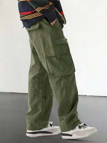 Men's Loose Fit Flap Pockets Cargo Pants, Plain Long Baggy Pants, For Husband, Boyfriend Gifts, For Fall - 軍綠色 - 查看 4