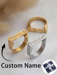 定制不锈钢英文名字戒指，简约个性名字戒指，情侣饰品，情人节礼物，情侣礼物，送给朋友、妈妈、爸爸的礼物。定制不锈钢名字戒指带礼盒，适合学生、青少年、初中生、高中生等。 - 彩色 - 查看 2