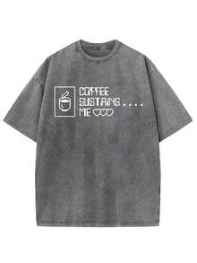 230g Washed Men's T-Shirt, "COFFEE SUSTAINS ME" Pixel Art Coffee Cup Graphic, Casual Crew Neck Short Sleeve Tee - 灰色 - 查看 1
