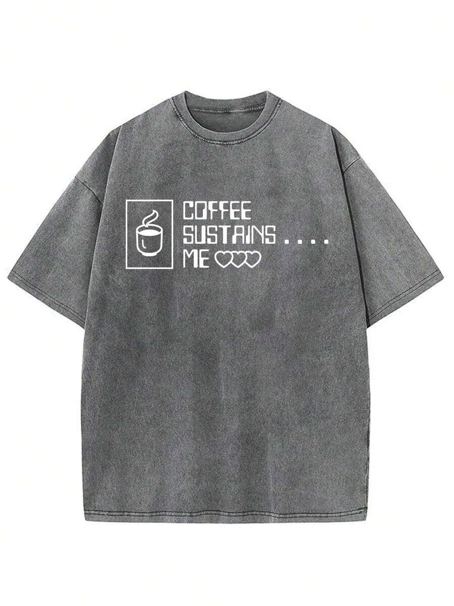 230g Washed Men's T-Shirt, "COFFEE SUSTAINS ME" Pixel Art Coffee Cup Graphic, Casual Crew Neck Short Sleeve Tee - 灰色 - 查看 1