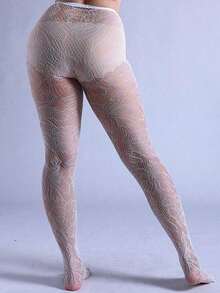1pc Plus Size Jacquard Fishnet Stockings, Floral Hollow Out Leggings, & Fashionable, Suitable Party, Home, Office, Halloween, Y2K, Gothic Style, Back To School - 白色 - 查看 3