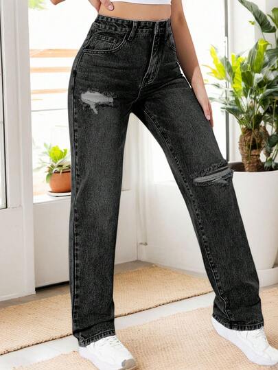 Jeans Mujer Negro Holgado con Roturas - Corte Rectos y Estilo Urbano a la Moda | Pantalón Casual Desgastado, Vaqueros casuales para mujer con agujeros
