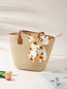 1 Straw Hat + 1 Bag, Vacation Beach Set - Beige Yellow Ribbon - View 6