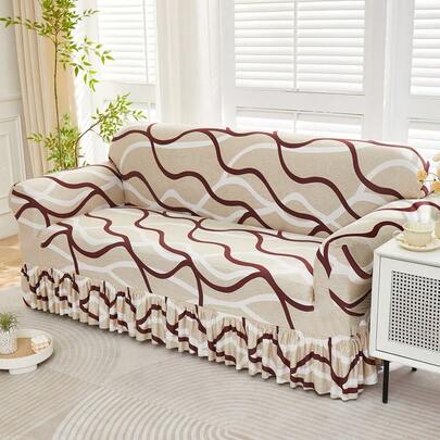1pc Ruffled Stretch Sofa Cover, All Season Universal Sofa Slipcover, One-Piece Pleated Sofa Protector, Fits 1/2/3/4 Seater Sofa, Home Decor
