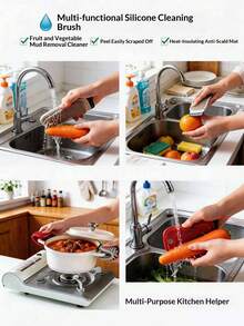 Cepillo de limpieza multifuncional 3 en 1 de silicona: Lavador de frutas y verduras, pelador, alfombrilla resistente al calor. Cepillo de silicona flexible para una limpieza, pelado y protección contra el calor fáciles. ¡Simplifica la limpieza de la cocina! - Multicolor - Ver 8