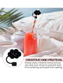 Compatible With Stanley Cup Accessories 9Pcs Black Cue Straw Cover Cap For Cup 40 30oz Tumbler, 10mm Reusable Cute Drinking Straw Topper Accessories, Portable Protector Plugs Decorations Gifts For Party Cute Cartoon Straw Dust Cover, - 黑色 - 查看 5
