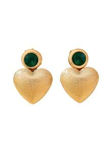 一对金色磨砂心形耳坠 | 绿色水钻点缀吊坠耳环 | 复古奢华珠宝 - 金色 - 查看 6