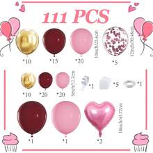 111件套母亲节气球拱门套装，浪漫氛围气球花环套装，包含金色金属气球、红色气球、玫瑰粉气球、粉粉色亮片天然乳胶气球和粉色心形铝箔气球，适用于母亲节、情人节、婚礼、订婚日、春季庆典、夏季派对 - 查看 3