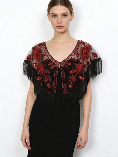 1pc Women's Sequin Decorated Evening Shawl, Vintage Cheongsam Formal Dress Accessory, Lightweight Beaded Capelet