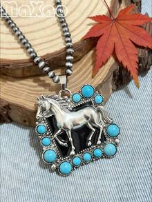 Vintage European And American Colorful Stone Square Pendant Necklace, Made Of Distressed Copper And Bright Silver Metals, Featuring A Powerful Horse Sculpture With Detailed Mane And Muscle Lines; The Square Pendant Has A Black Oiled Base With White Stripe Stone And Turquoise Accents, Paired With A Vintage Round Bead Chain, Available In Two-Tone Colors, Filled With Western Ranch And Retro Vibe. - Multicolored Horse Square Necklace - View 5