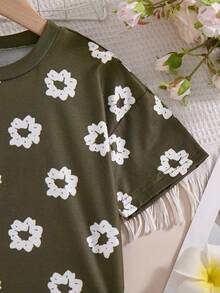 Ensemble 2 pièces pour filles, Top à manches courtes à imprimé floral avec épaules dénudées et jupe évasée à volants de couleur unie, style décontracté, printemps/été - Noir - Voir 5