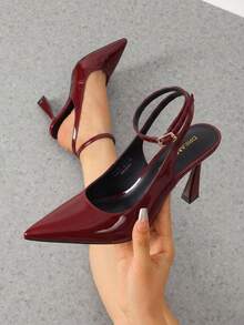Women's Office Work Heels, Pointed Toe Block Heel Pumps With Slingback Adjustable Strap, Comfortable Closed Toe Dress Shoes For Daily Wear - Burgundy - View 2