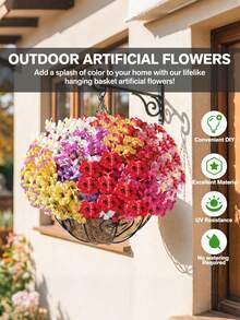12束仿真室内外装饰花卉，假花假草，适用于室内外花园、阳台、窗台、家居、婚礼、农舍等场所。户外仿真花，不褪色塑料花，悬挂式花盆，厨房家居花瓶装饰，室内外仿真花卉假草，丝绸般质感的户外门廊悬挂式花盆，窗台，花园春季装饰 - 彩色 - 查看 9