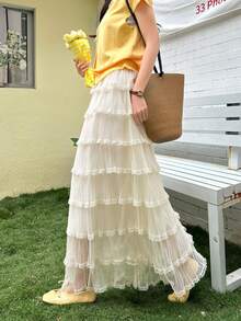 甜美蕾丝网纱蛋糕裙，2026夏季新款高腰显瘦荷叶边A字公主长裙 - 杏色 - 查看 4