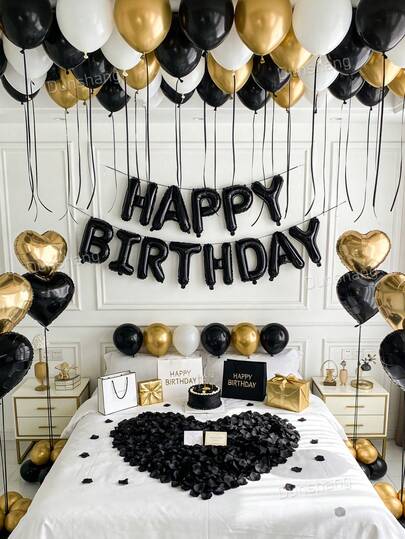 21/65 Pcs American Style Black Gold White Birthday Balloon Kit - Birthday Decorations For Men & Women, 500 Pcs Non-Woven Fabric Petals, Happy Birthday Banner Letters + Heart Foil Balloons, Thickened Latex Balloons, Dark Color Aesthetic Party Background, Suitable For Romantic Bedroom Decor, Midnight Surprise Birthday Party Decorations
