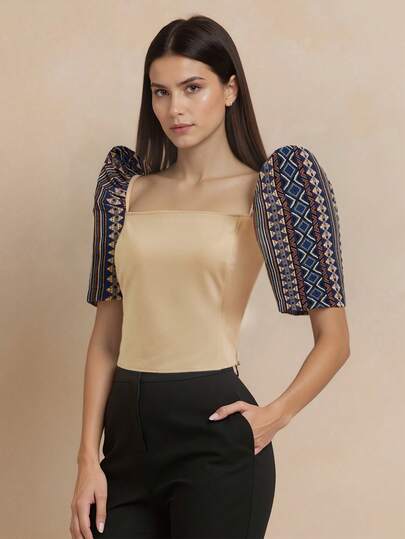 Amyenjoylife Fashion Filipine Îmbrăcăminte Bluză de damă cu mânecă scurtă, bloc de culoare șampanie, cămașă elegantă de vară pentru femei