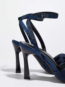 Women's Pointed Toe Stiletto Heel Solid Color Twist Knot Elegant Versatile Outdoor Commute Party Formal Dress Sandals - Navy Blue - View 8