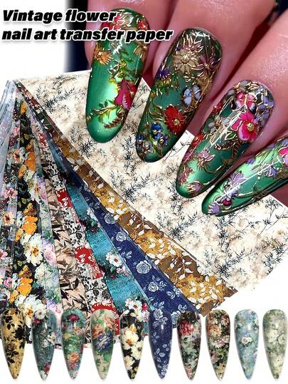 10pcs Colorful Vintage Rose Leaves Floral Nail Art Transfer Foil Paper - Spring Summer Blossom Flowers & Shimmering Patterns, Pre-Cut Glossy Plastic Decals For DIY Manicure, Japanese Korean Style Nail Designs (Single-Use), Nail Art Supplies, Pastel Color Decor