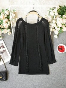 New Arrival Spring/Summer Slouchy Knit Sweater, Unique Design Fitted Hollow Out Cover Up For Women - Black - View 5