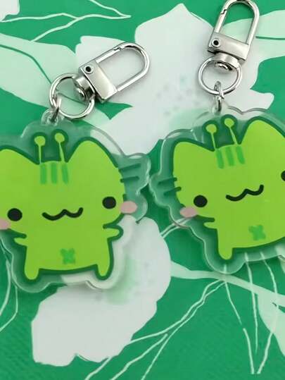 2D Flat - 1pc Cute Green Alien Cat Keychain | Double-Sided Printed Acrylic Pendant With Antenna And X Mark - Ideal For Backpacks, Bags, Car Keys, And Everyday Use; Perfect Gift For Couples, Parties, And Festive Occasions