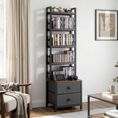 Media Storage Cabinet, 4-Shelf DVD Shelf Organizer With Drawers, 15.75x 11.81x 56.50 In Multimedia Storage Organizer CDs, DVDs, Books And Games, CD Cabinet Living Room, Home Office
