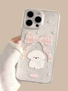 Cute Puppy Transparent Glitter Plaid Blue Bow Dog Protective Case, Anti-Drop Full Coverage Phone Case, Suitable For IPhone11/12/13/14/15/16/17/PROMAX - Pink - View 1