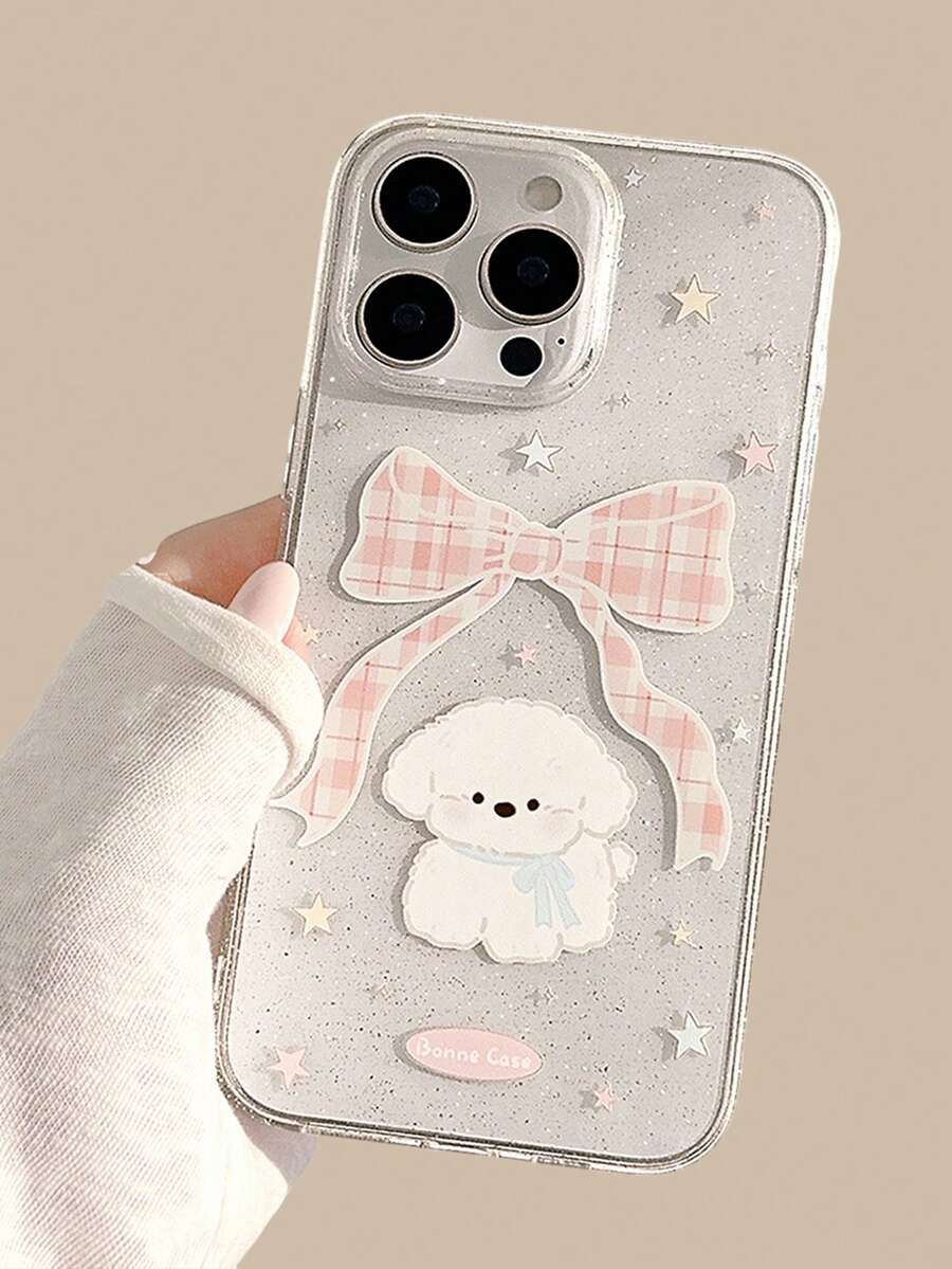 Cute Puppy Transparent Glitter Plaid Blue Bow Dog Protective Case, Anti-Drop Full Coverage Phone Case, Suitable For IPhone11/12/13/14/15/16/17/PROMAX - Pink - View 1