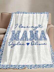 1pc Custom Name I Love My Mama Blanket, Blue Splatter Varsity Letter Flannel Throw, Personalized Mother's Day Gift For Mom - Style 2 - View 2