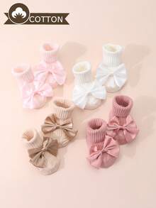 4 Pairs Baby Girls' Cotton Bow Decor Non-Slip Mid-Calf Socks, Suitable For Toddlers Learning To Walk On Indoor Floors, All Season - Multicolor - View 3