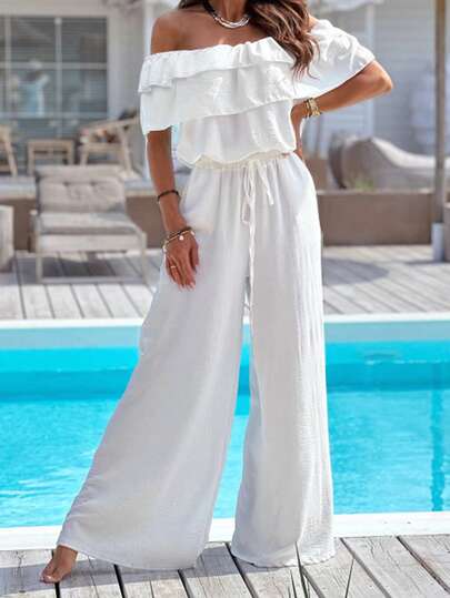Women's Casual Solid Color Off Shoulder Ruffle Jumpsuit, Minimalist Daily Wear Elegant White Summer